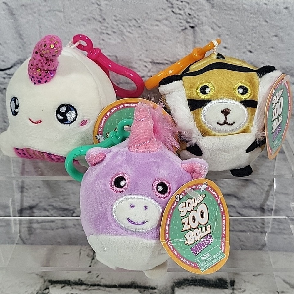 Squee-Zoo-Balls Mini Plush Backpack Clip Toys Squishy Minis Lot Of‎ 3 Bullsitoy